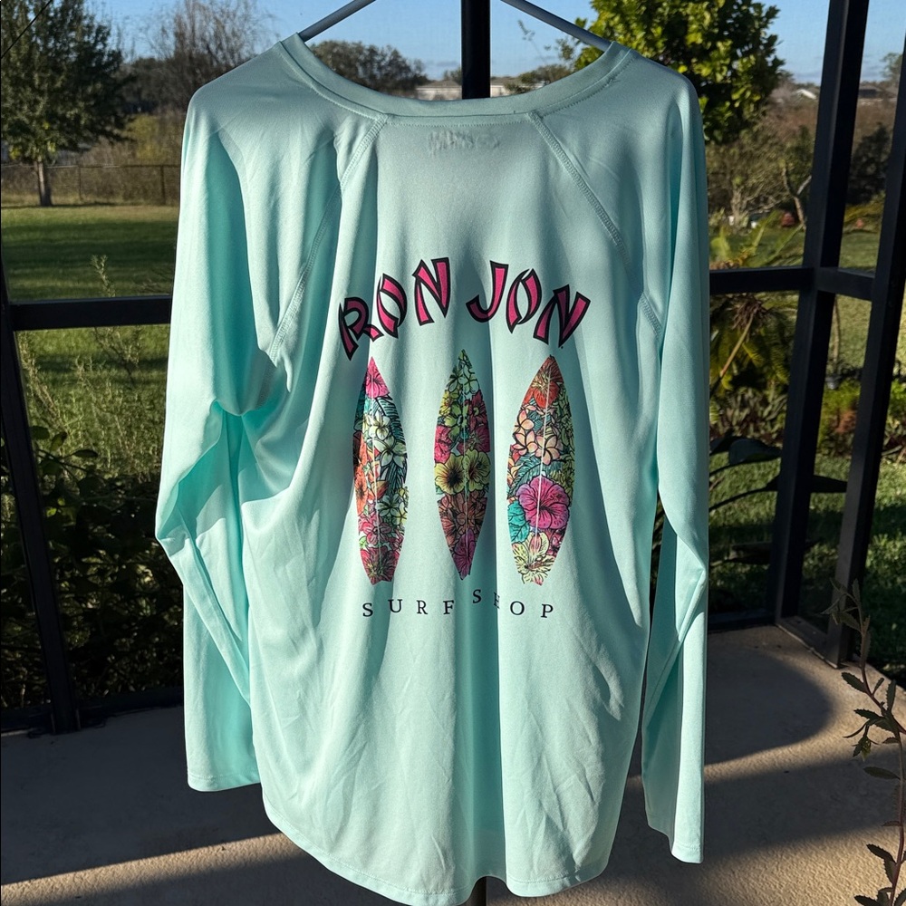Ron Jon Aqua Long Sleeve Tee with Surfboard Design
